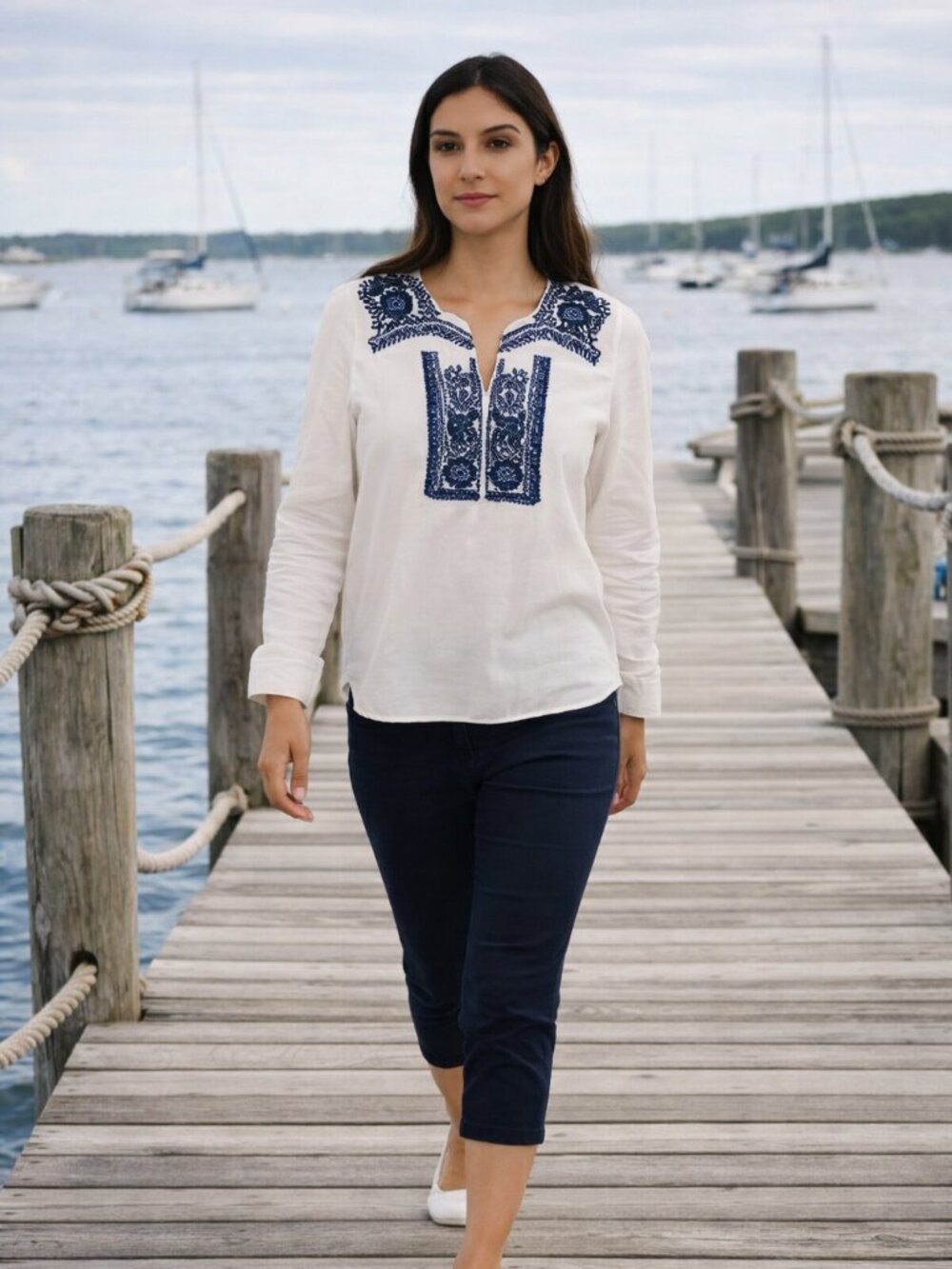 Embroidered Navy White Tropical Gypsy Nautical Artsy Preppy Resort Top Women S